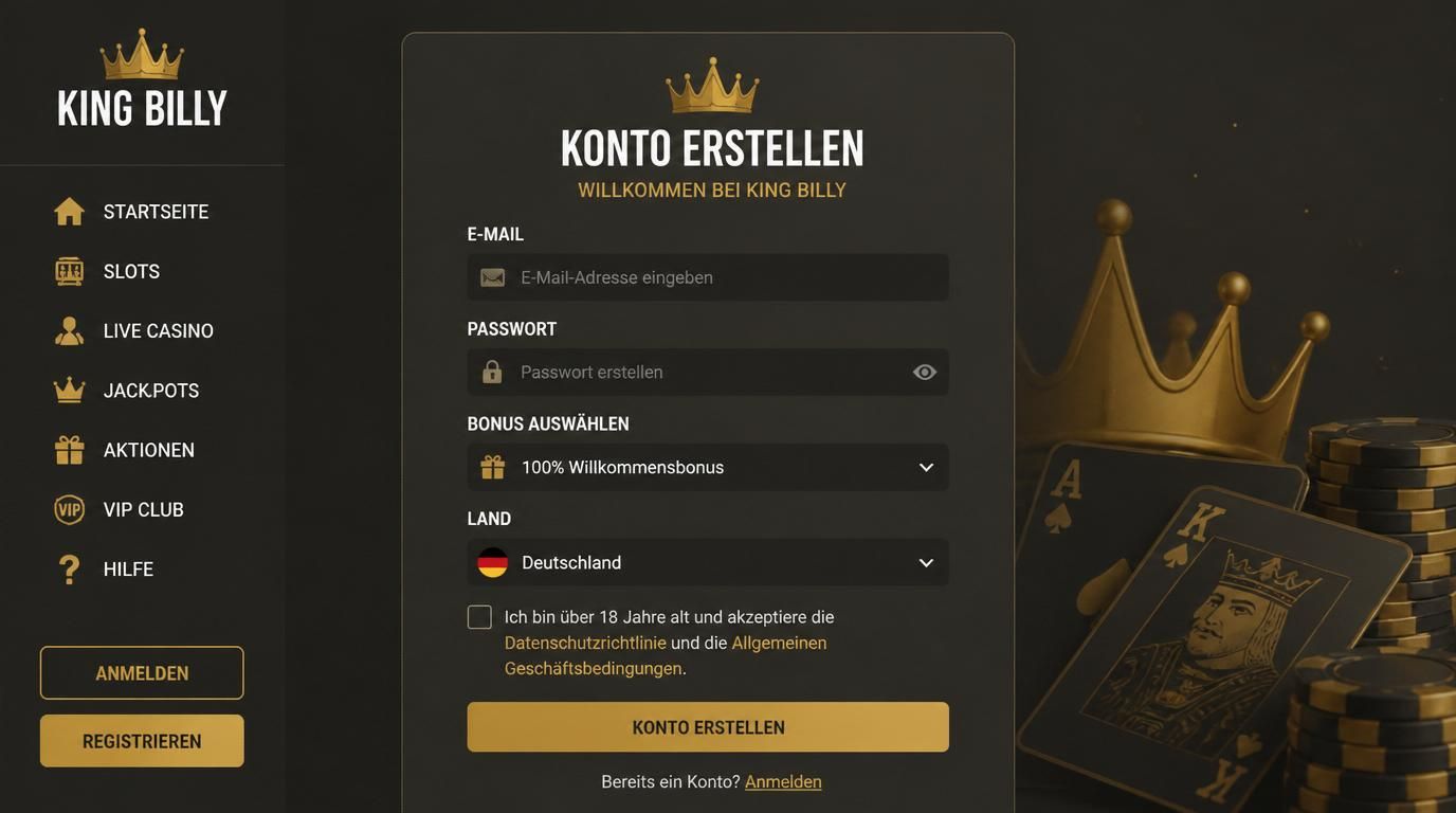E-Mail, Passwort, Bonusauswahl in deutscher Sprache, mit Deutschlandflagge und Datenschutz-Checkbox