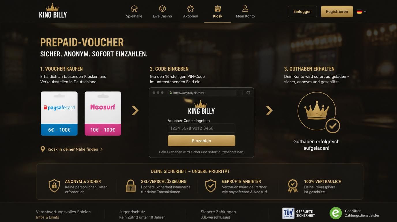 Ein digitales Prepaid-Voucher-Design neben Kioskcodeingabe.
