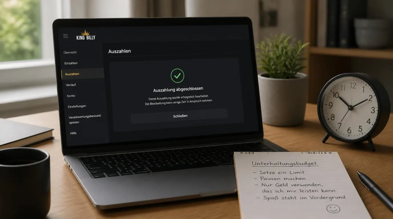 Schreibtisch mit notiertem Spielbudget, Uhr und neutraler Auszahlungsanzeige auf einem Laptop