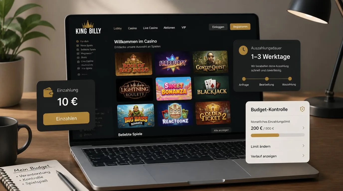 Casino-Oberfläche mit 10 € Mindesteinzahlung, Auszahlungszeitraum von 1–3 Werktagen und Spielkacheln