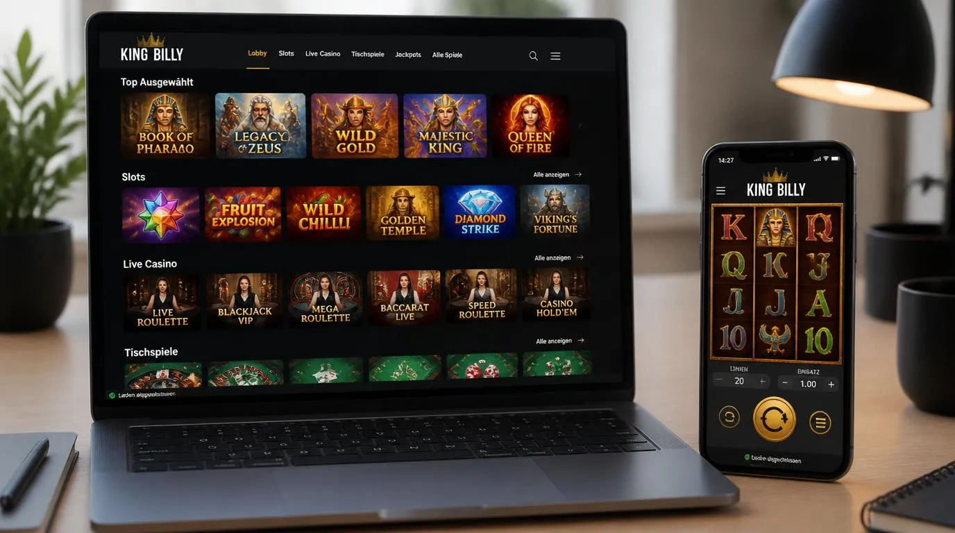 Casino-Spielbibliothek auf Laptop und Smartphone mit Slots und Tischspielen im Browser