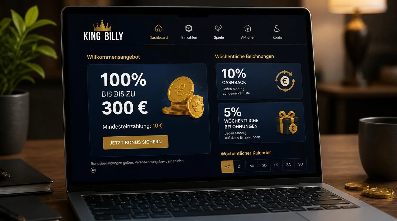 Bonusübersicht mit 100 % bis zu 300 €, 10 € Mindesteinzahlung und wöchentlichen Prämien