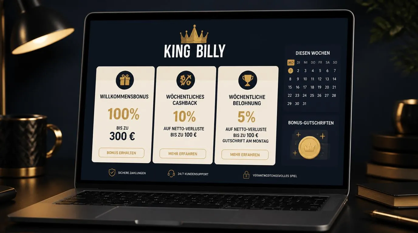 Illustration eines Casino-Dashboards mit Willkommensangebot, wöchentlichem Cashback und Montagsprämie